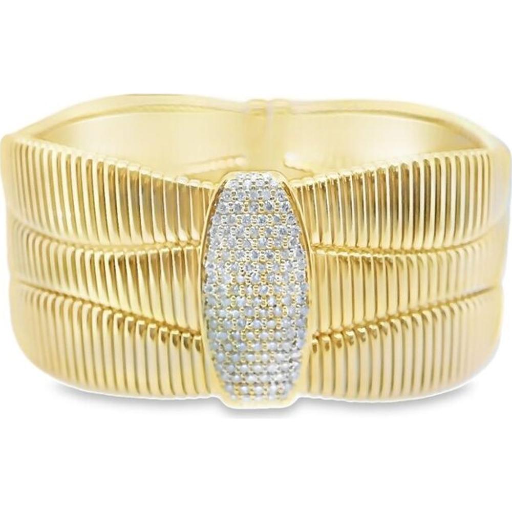 18K Yellow Gold Wide Ribbed Diamond Bangle Bracelet with Round Diamond Accents by Afarin