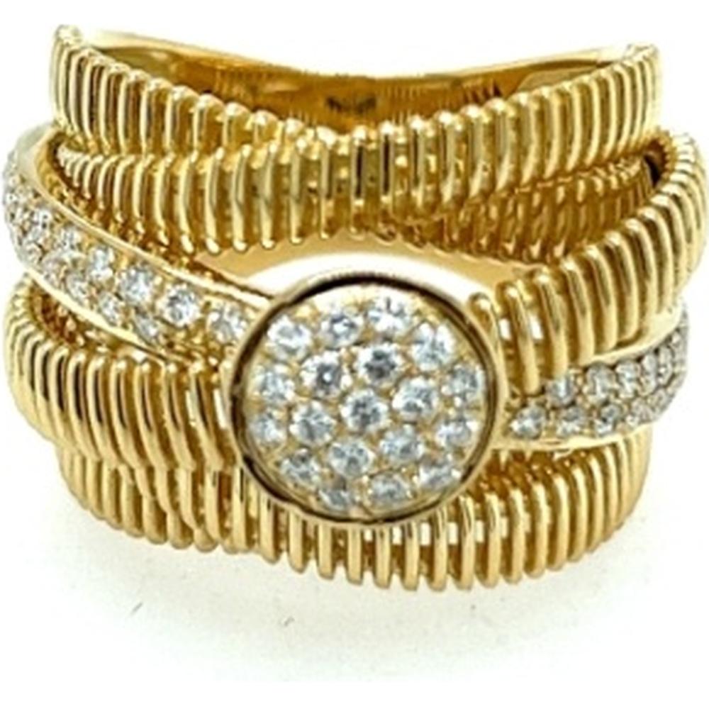 18K Yellow Gold Wide Ribbed Statement Ring with Round Diamond Cluster by Afarin