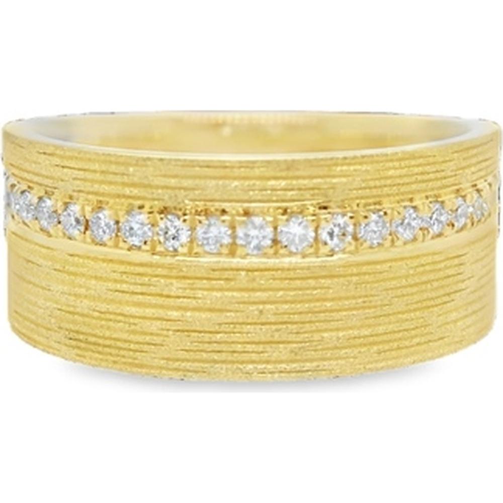 18K Yellow Gold Wide Textured Band Ring with Round Diamonds by Afarin