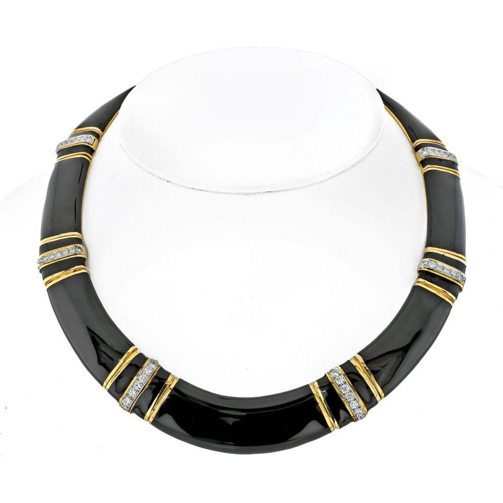 1970s David Webb Black Enamel Diamond Collar Necklace in Platinum & 18K Yellow Gold - Luxury Vintage Statement Piece