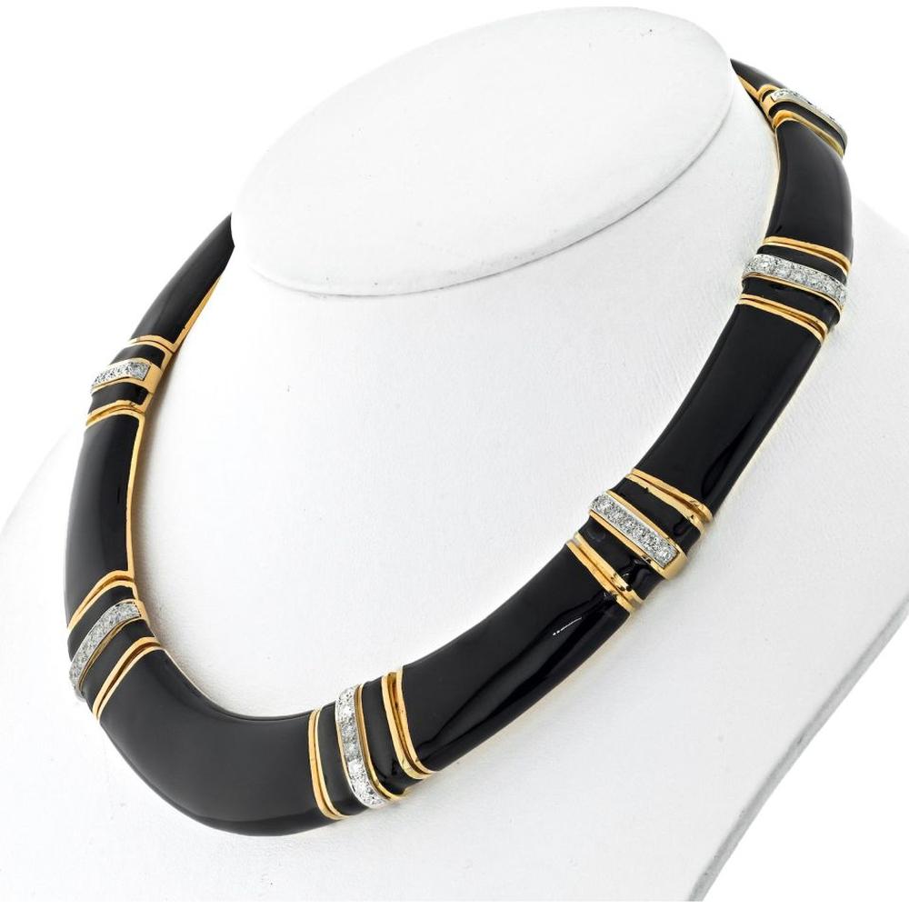 1970s David Webb Black Enamel Diamond Collar Necklace in Platinum & 18K Yellow Gold - Luxury Vintage Statement Piece