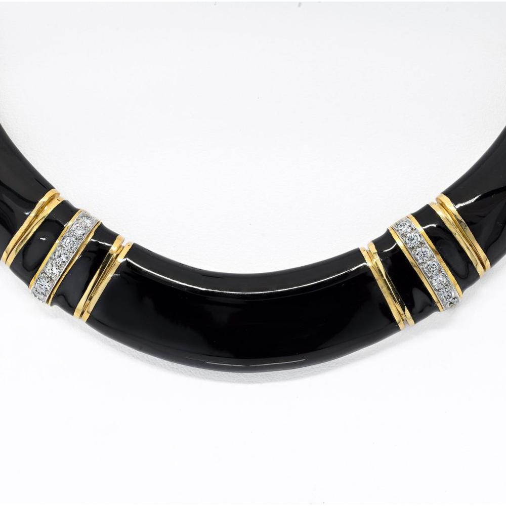 1970s David Webb Black Enamel Diamond Collar Necklace in Platinum & 18K Yellow Gold - Luxury Vintage Statement Piece