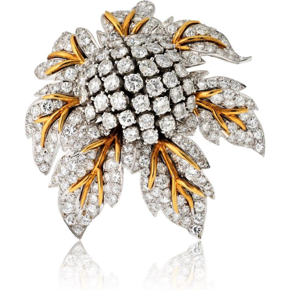 1970s Platinum & 18K Yellow Gold Flower Brooch with 25.00 Carats Round Brilliant Cut Diamonds