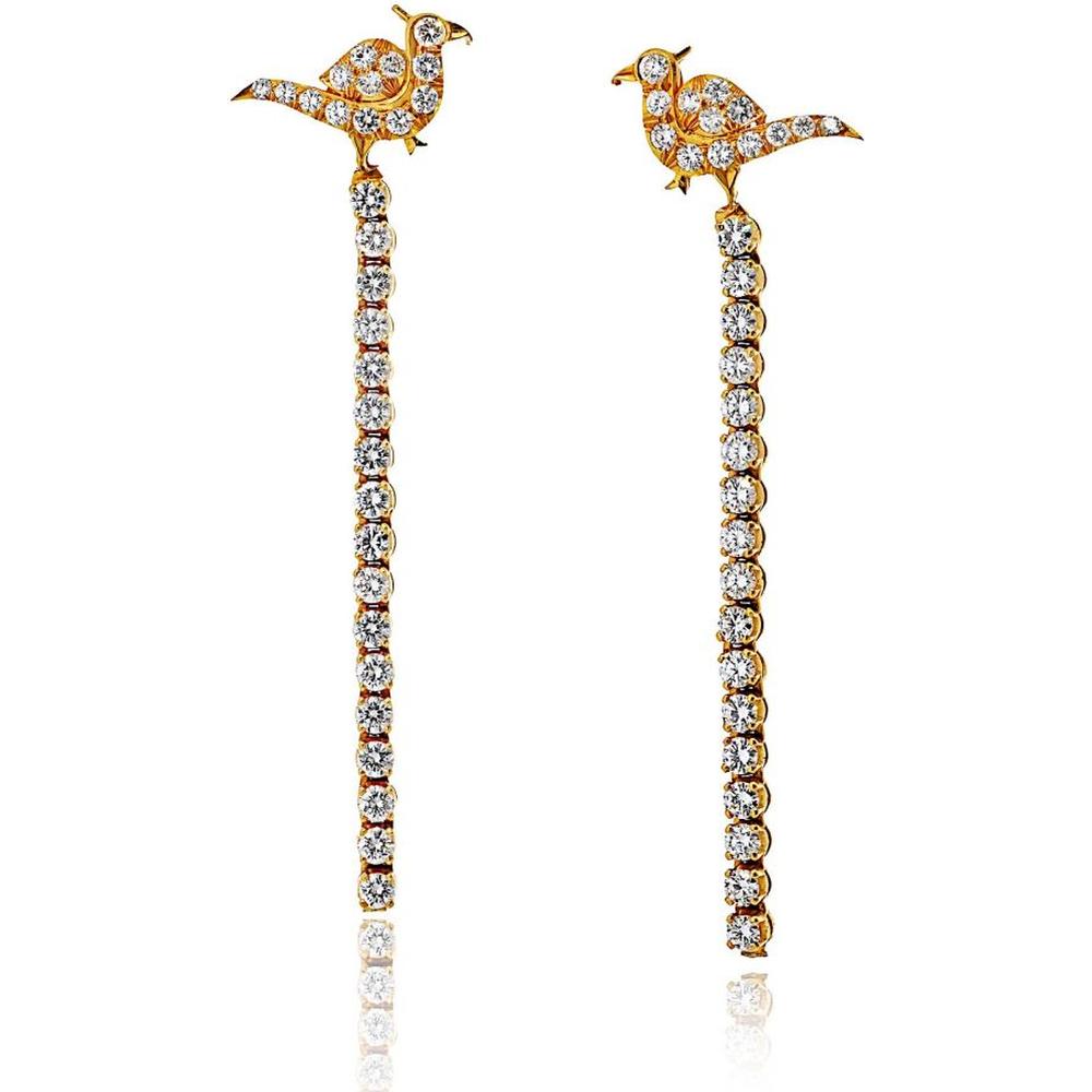 22K Yellow Gold Bird Drop Earrings with 3.50 Carats of Round Diamonds - 2 Inch Length