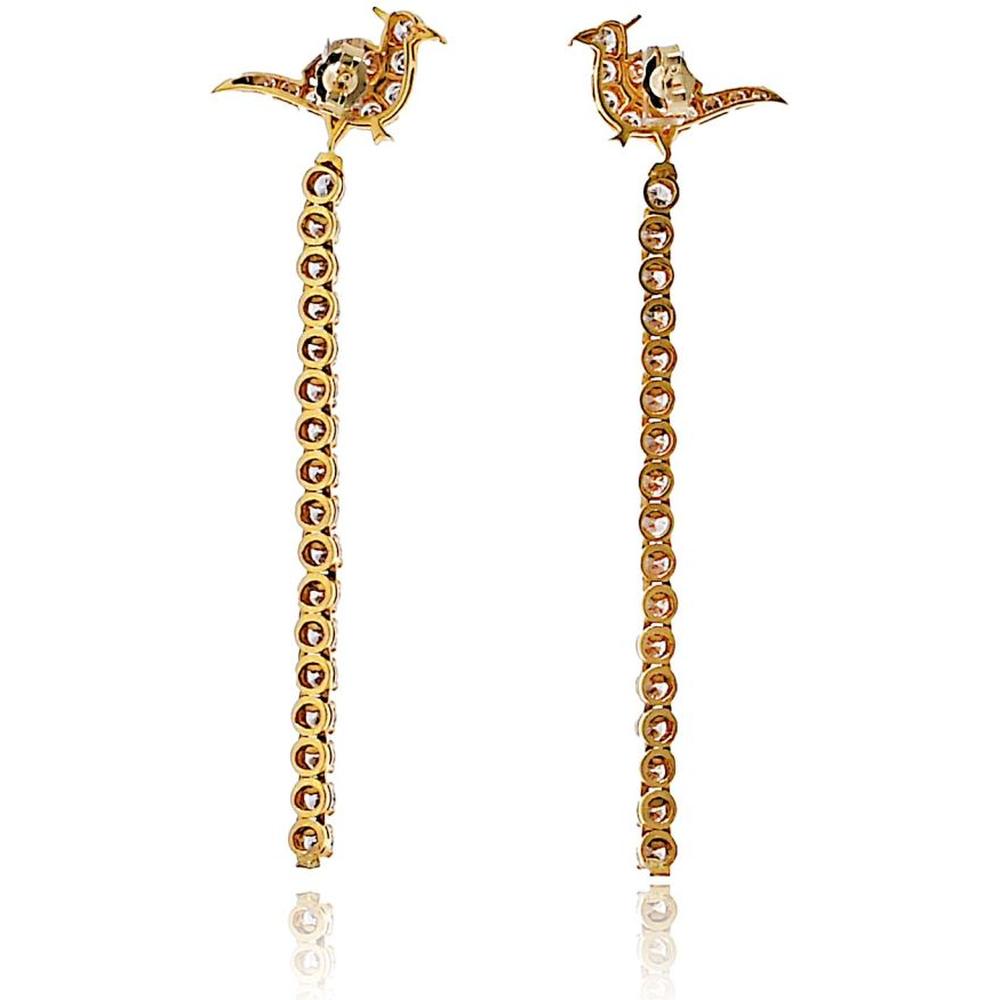 22K Yellow Gold Bird Drop Earrings with 3.50 Carats of Round Diamonds - 2 Inch Length