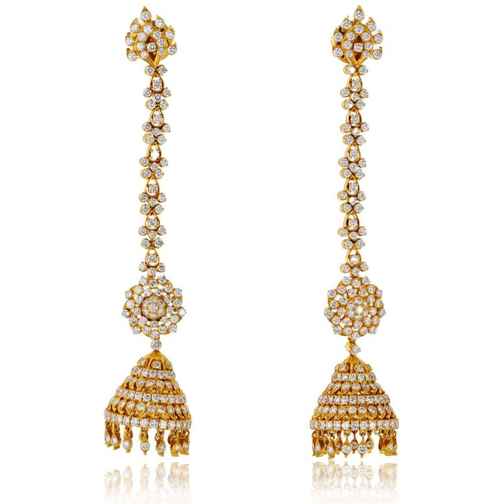 22K Yellow Gold Drop Earrings with Round Brilliant Diamonds in Floral and Jhumka Design - 15.00 Carat Total Diamond Weight