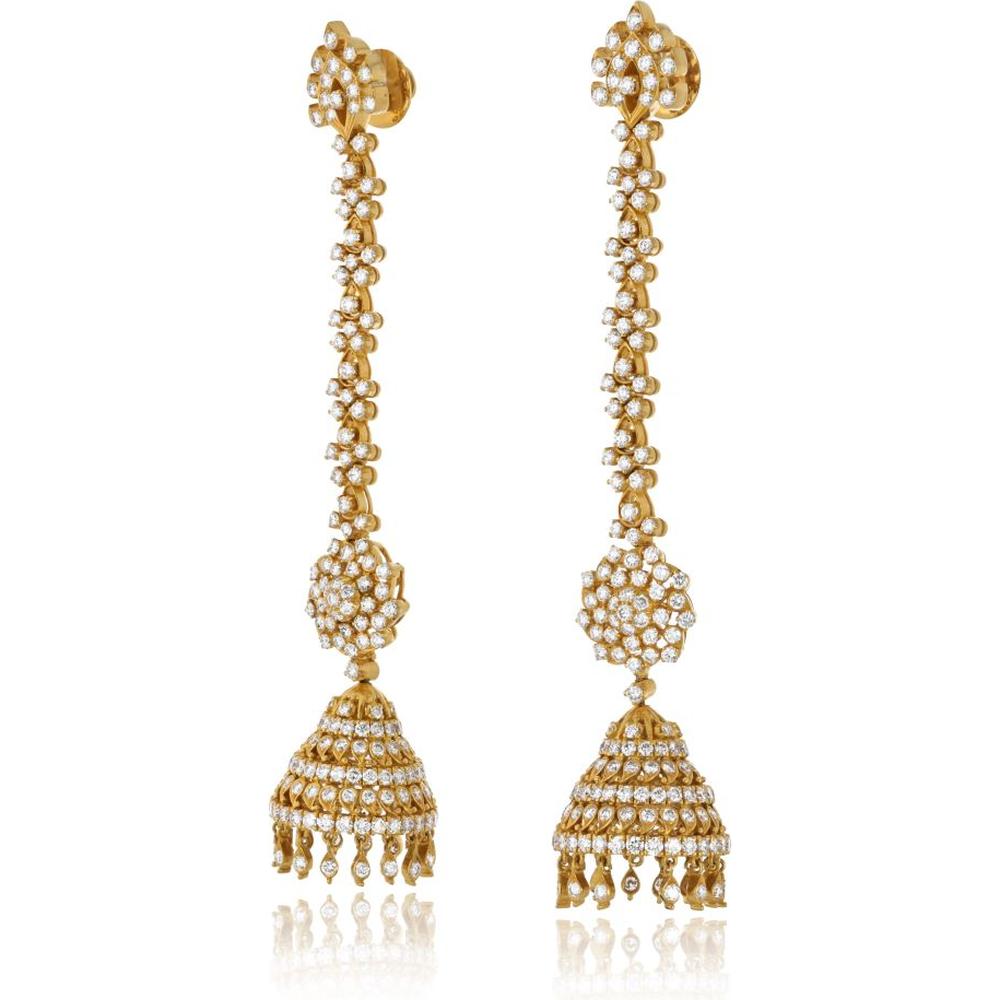 22K Yellow Gold Drop Earrings with Round Brilliant Diamonds in Floral and Jhumka Design - 15.00 Carat Total Diamond Weight