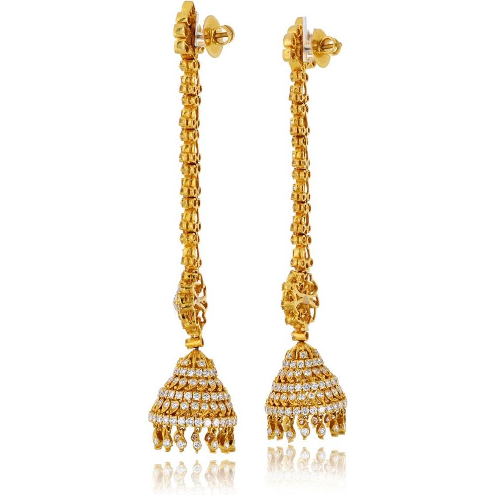 22K Yellow Gold Drop Earrings with Round Brilliant Diamonds in Floral and Jhumka Design - 15.00 Carat Total Diamond Weight
