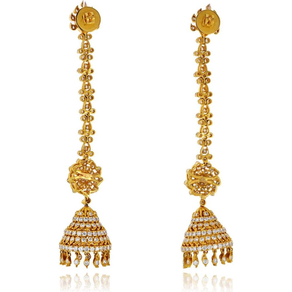 22K Yellow Gold Drop Earrings with Round Brilliant Diamonds in Floral and Jhumka Design - 15.00 Carat Total Diamond Weight