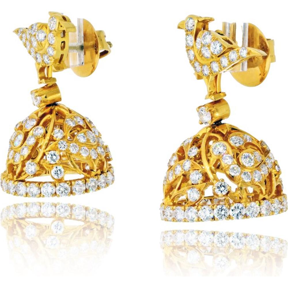 22K Yellow Gold Earrings with 9.00 Carat Total Weight Round Brilliant Cut Diamonds in Bird and Bell Motif Design