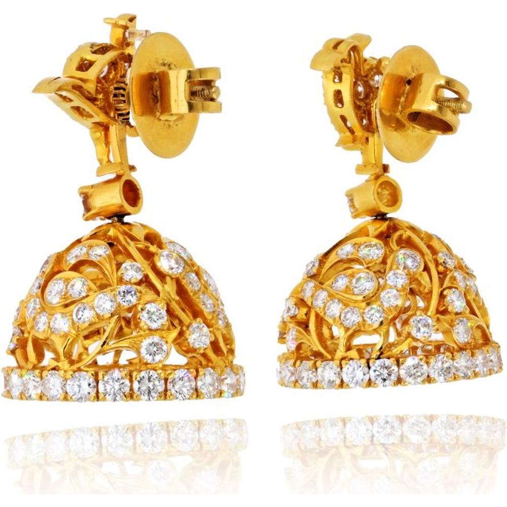 22K Yellow Gold Earrings with 9.00 Carat Total Weight Round Brilliant Cut Diamonds in Bird and Bell Motif Design