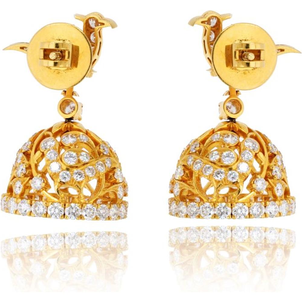 22K Yellow Gold Earrings with 9.00 Carat Total Weight Round Brilliant Cut Diamonds in Bird and Bell Motif Design
