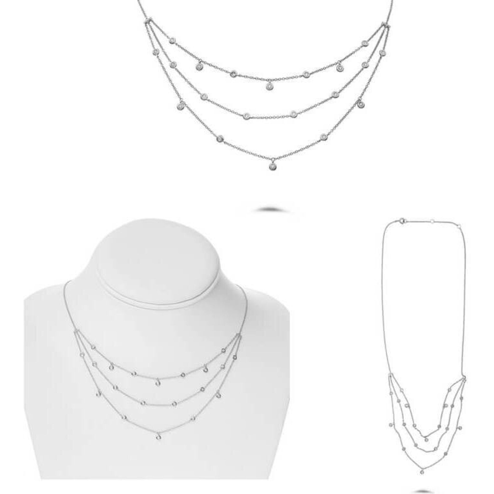 3-Strand Necklace with Bezel Set Diamonds 14k White Gold