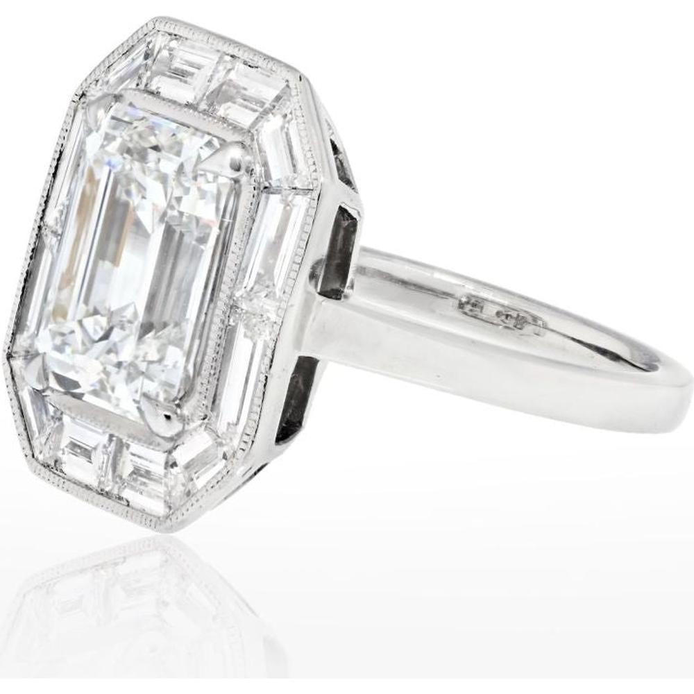 4 Carat Emerald Cut Diamond Engagement Ring with Baguette Halo in Platinum - GIA Certified H/VS1