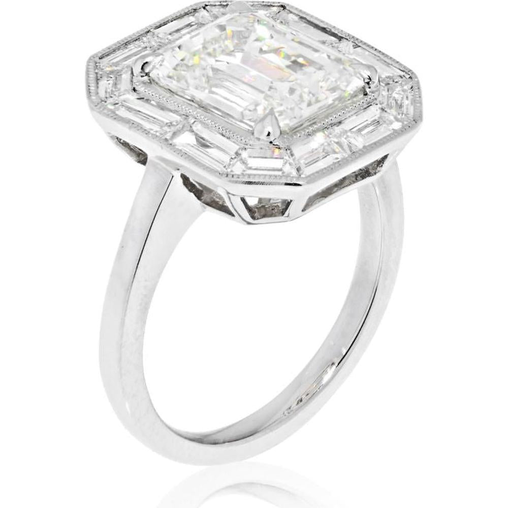 4 Carat Emerald Cut Diamond Engagement Ring with Baguette Halo in Platinum - GIA Certified H/VS1