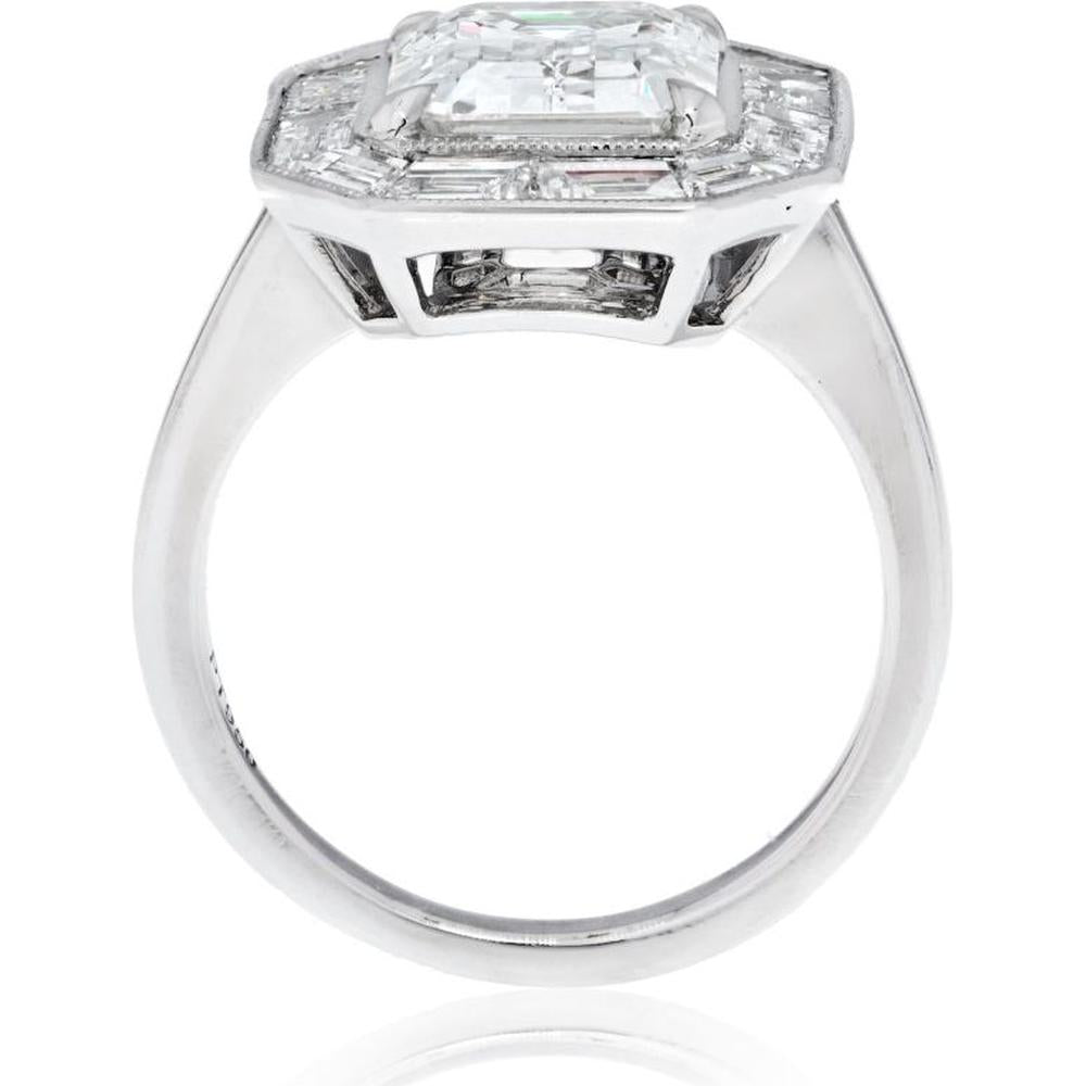 4 Carat Emerald Cut Diamond Engagement Ring with Baguette Halo in Platinum - GIA Certified H/VS1