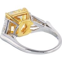 5.08 Carat Radiant Cut Fancy Intense Yellow Diamond Three Stone Engagement Ring in Platinum & 18K Yellow Gold