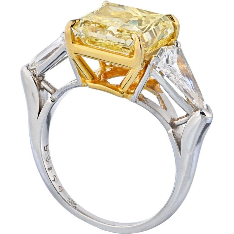 5.08 Carat Radiant Cut Fancy Intense Yellow Diamond Three Stone Ring