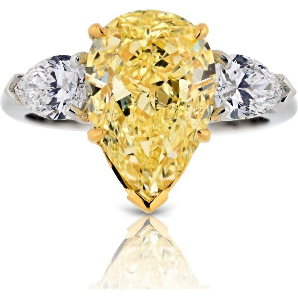 5 Carat Pear Shape Fancy Yellow Diamond Engagement Ring in Platinum & 18K Yellow Gold