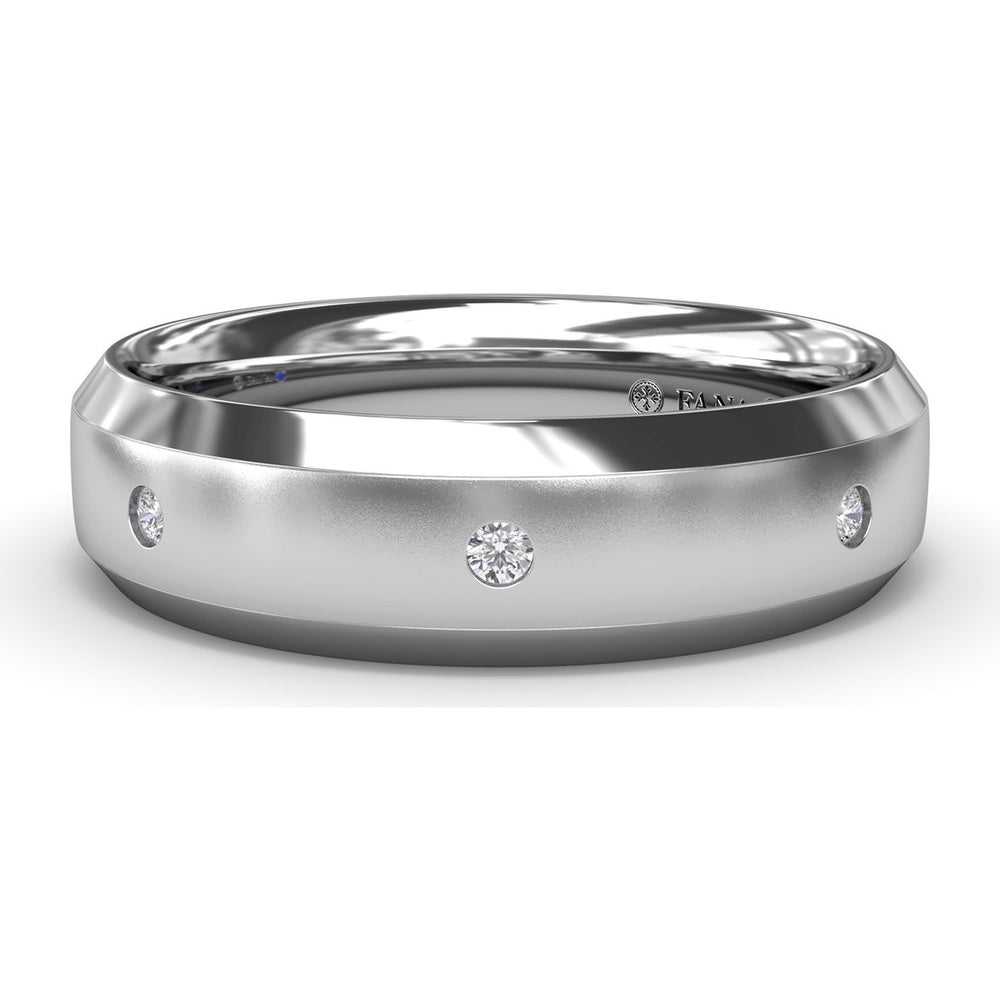 6mm Sandblast Finish Men's Band with Beveled Edges and Flush Set Round Diamonds by Fana - 0.12 Carat Total Diamond Weight