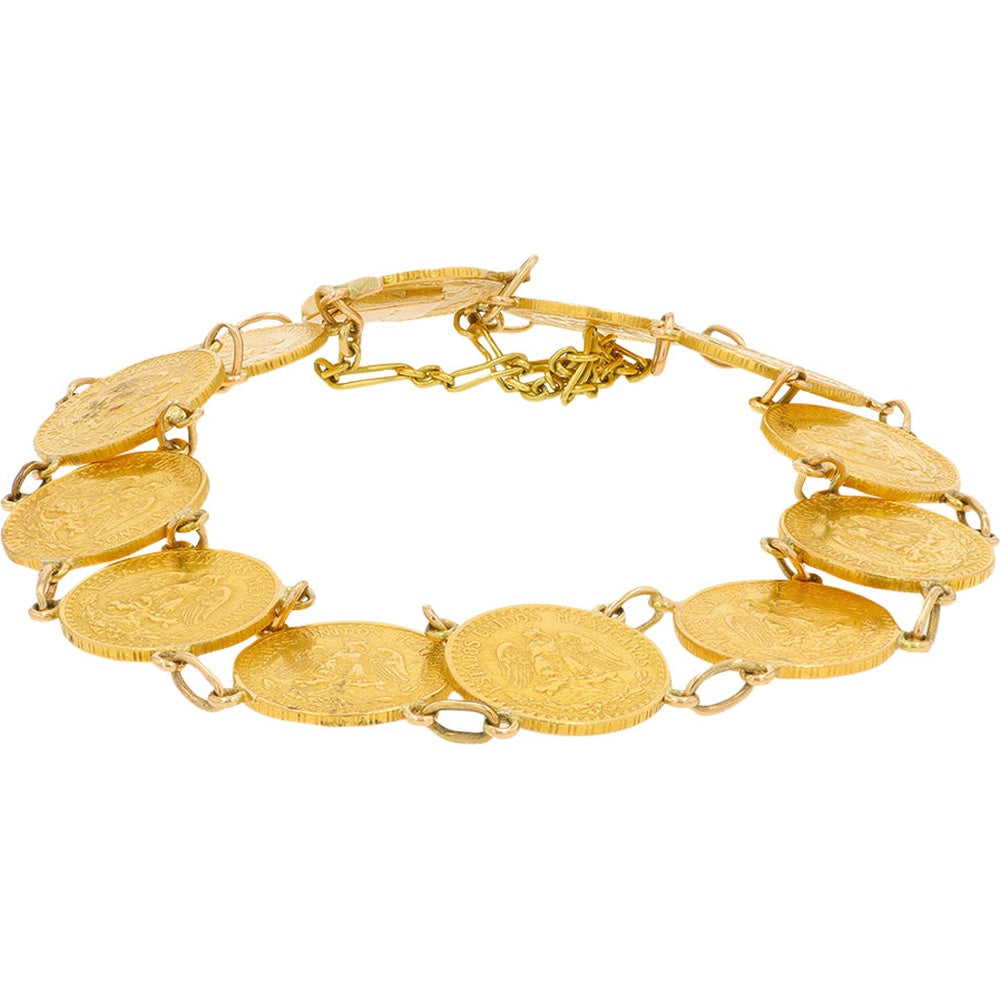 7-Inch 14K and 21K Yellow Gold Genuine Mexican Pesos Coin Link Bracelet – 22.3 Gram Vintage-Inspired Statement Piece