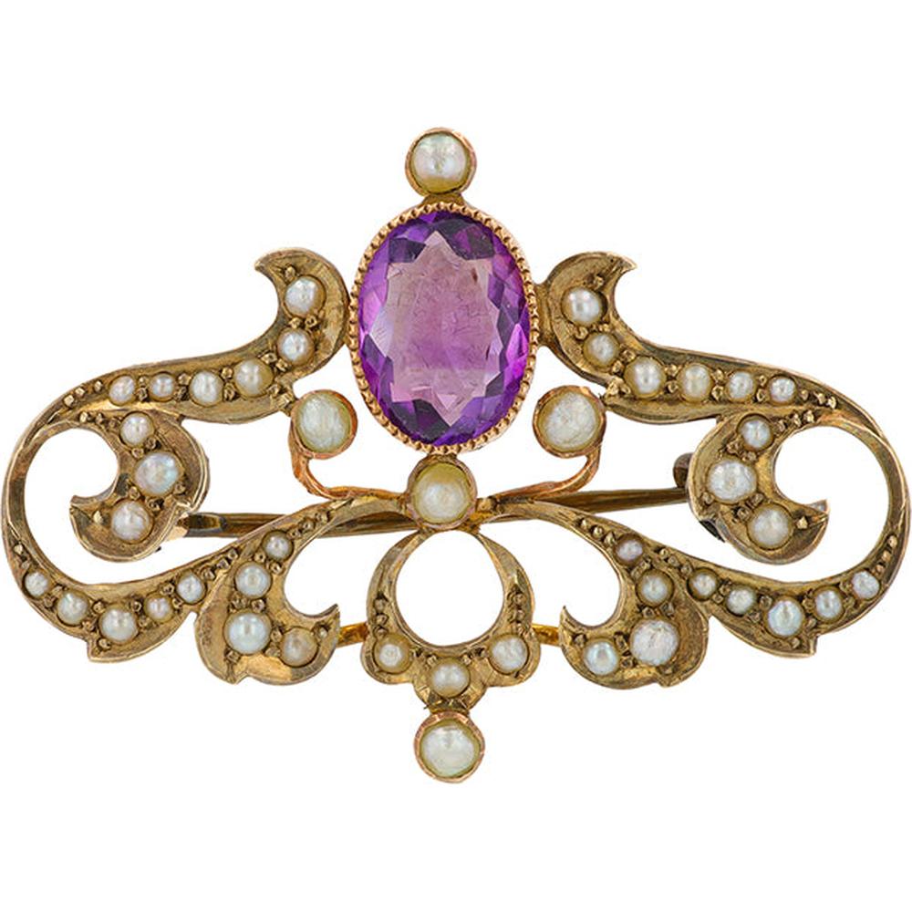 9K Rose Gold Vintage Amethyst Brooch with Seed Pearls