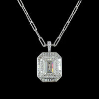9K White Gold Pendant with 5.02 Carat Emerald Cut Lab Diamond and Mixed Shape Diamond Halo - 13.48 Carat Total Diamond Weight - Covaloro Fine Jewelry