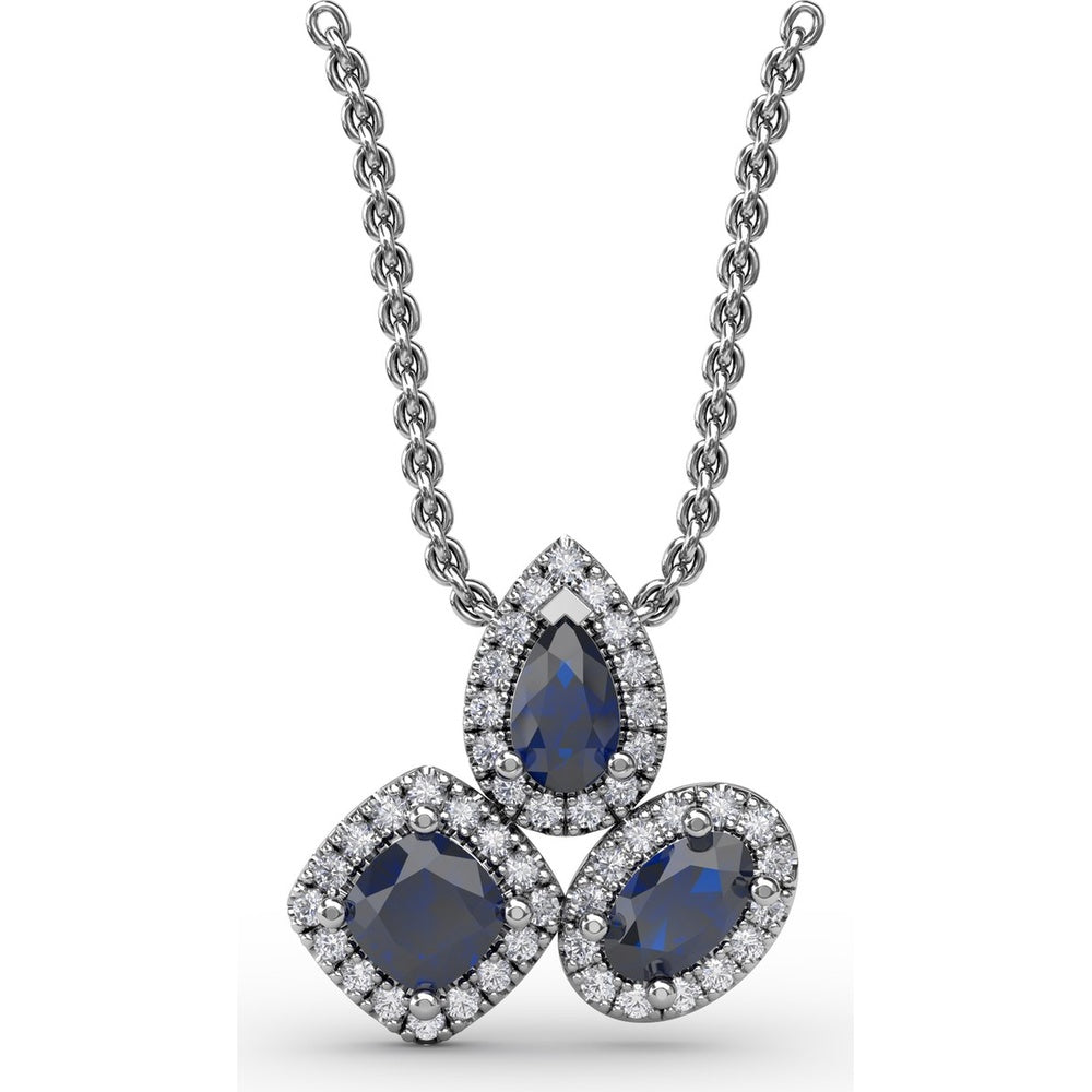 Abstract Three-Stone Pendant with Pear, Cushion, and Oval Blue Sapphires and Pavé Diamond Halos by Fana - 1.04 Carat Total Gemstone Weight