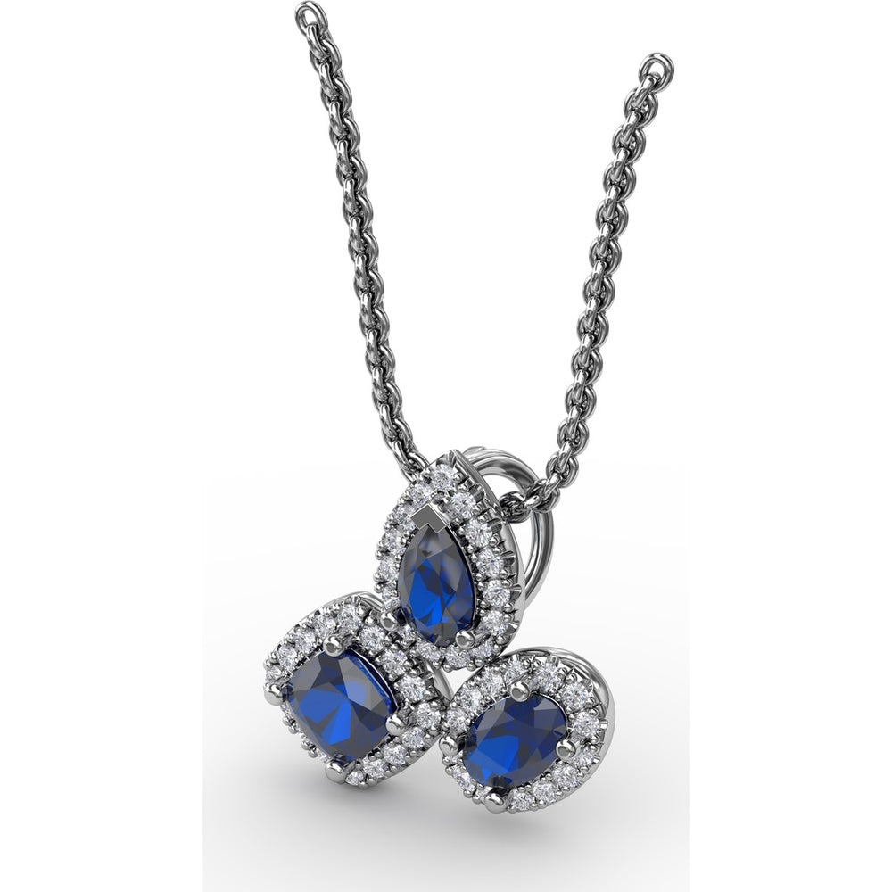 Abstract Three-Stone Pendant with Pear, Cushion, and Oval Blue Sapphires and Pavé Diamond Halos by Fana - 1.04 Carat Total Gemstone Weight