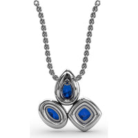 Abstract Three-Stone Pendant with Pear, Cushion, and Oval Blue Sapphires and Pavé Diamond Halos by Fana - 1.04 Carat Total Gemstone Weight