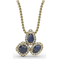 Abstract Three-Stone Pendant with Pear, Cushion, and Oval Blue Sapphires and Pavé Diamond Halos by Fana - 1.04 Carat Total Gemstone Weight