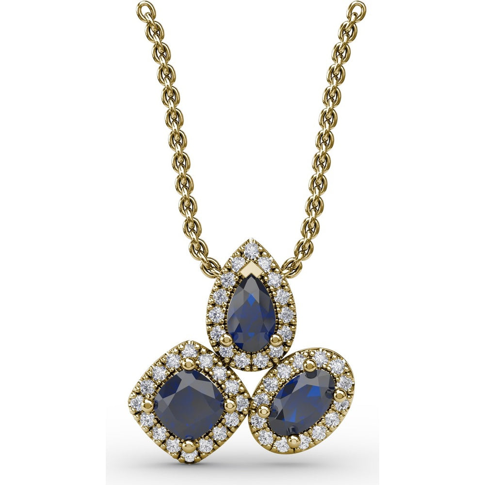 Abstract Three-Stone Pendant with Pear, Cushion, and Oval Blue Sapphires and Pavé Diamond Halos by Fana - 1.04 Carat Total Gemstone Weight