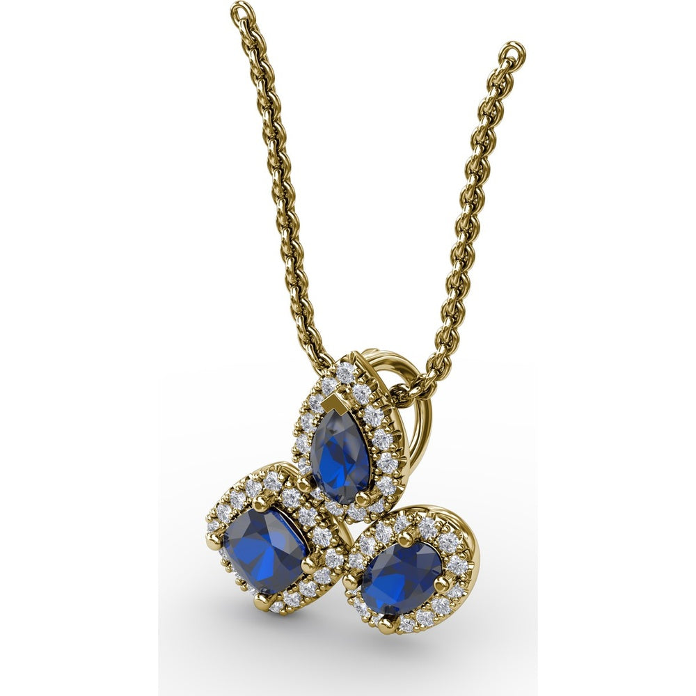 Abstract Three-Stone Pendant with Pear, Cushion, and Oval Blue Sapphires and Pavé Diamond Halos by Fana - 1.04 Carat Total Gemstone Weight