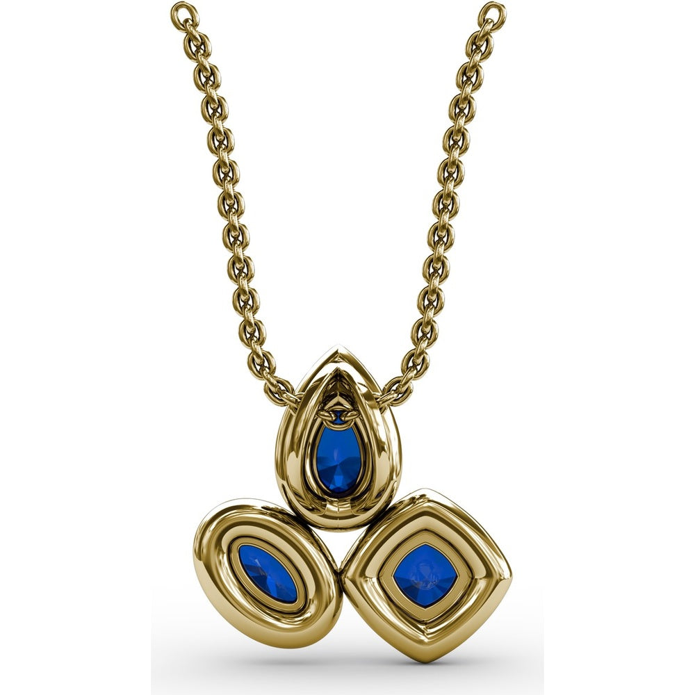 Abstract Three-Stone Pendant with Pear, Cushion, and Oval Blue Sapphires and Pavé Diamond Halos by Fana - 1.04 Carat Total Gemstone Weight