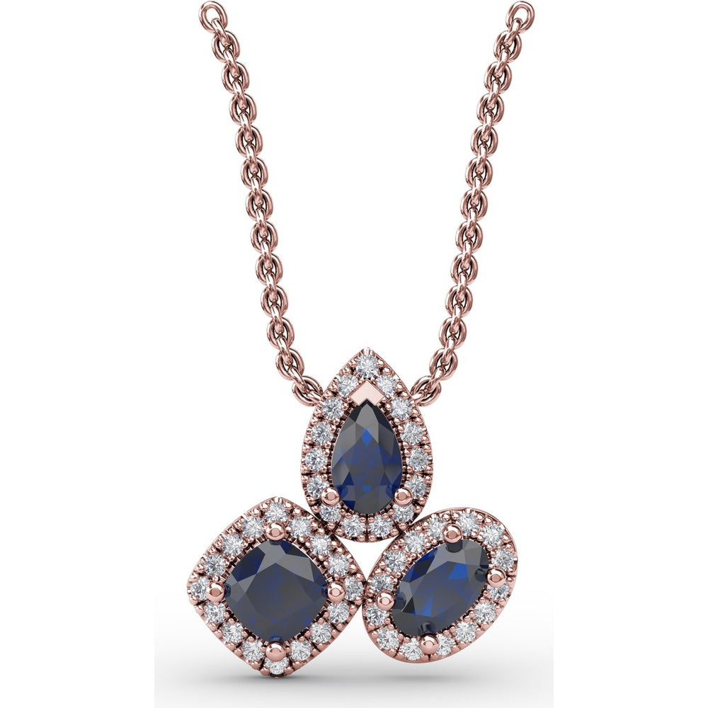 Abstract Three-Stone Pendant with Pear, Cushion, and Oval Blue Sapphires and Pavé Diamond Halos by Fana - 1.04 Carat Total Gemstone Weight