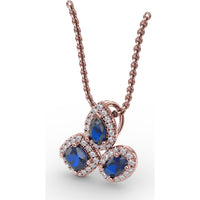 Abstract Three-Stone Pendant with Pear, Cushion, and Oval Blue Sapphires and Pavé Diamond Halos by Fana - 1.04 Carat Total Gemstone Weight