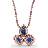 Abstract Three-Stone Pendant with Pear, Cushion, and Oval Blue Sapphires and Pavé Diamond Halos by Fana - 1.04 Carat Total Gemstone Weight