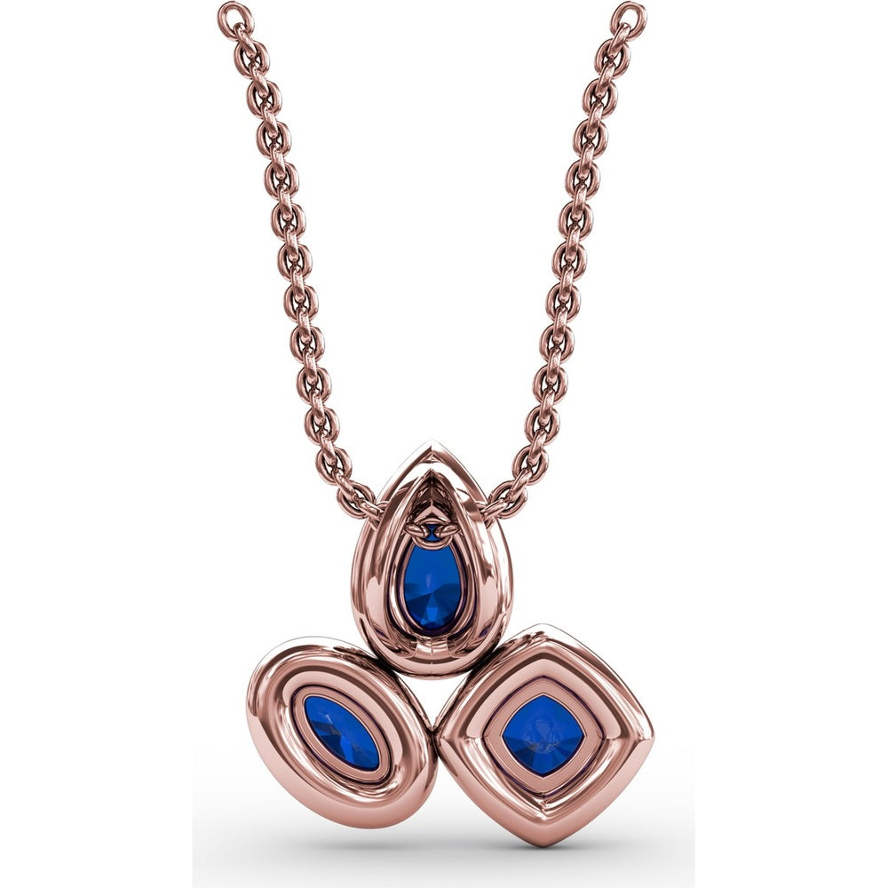 Abstract Three-Stone Pendant with Pear, Cushion, and Oval Blue Sapphires and Pavé Diamond Halos by Fana - 1.04 Carat Total Gemstone Weight