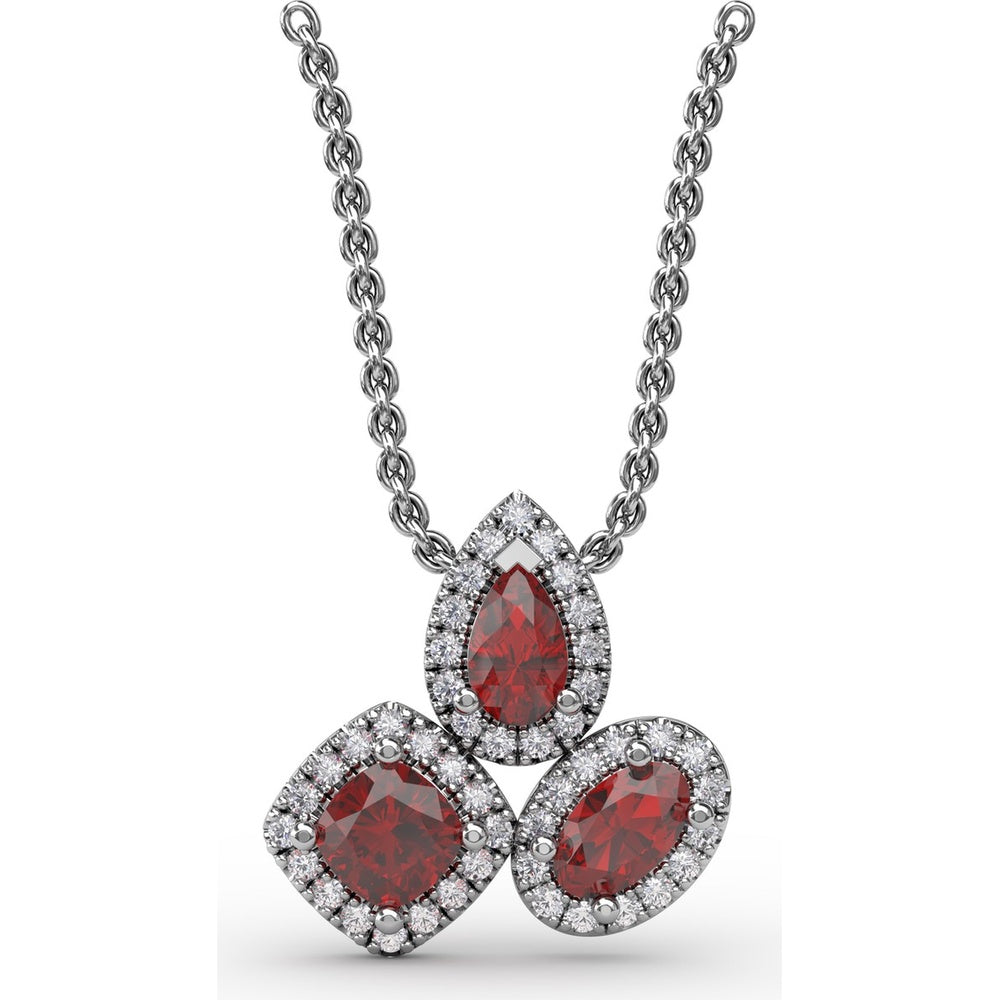Abstract Three-Stone Ruby and Pavé Diamond Halo Pendant by Fana - 1.04 Carat Total Gemstone Weight