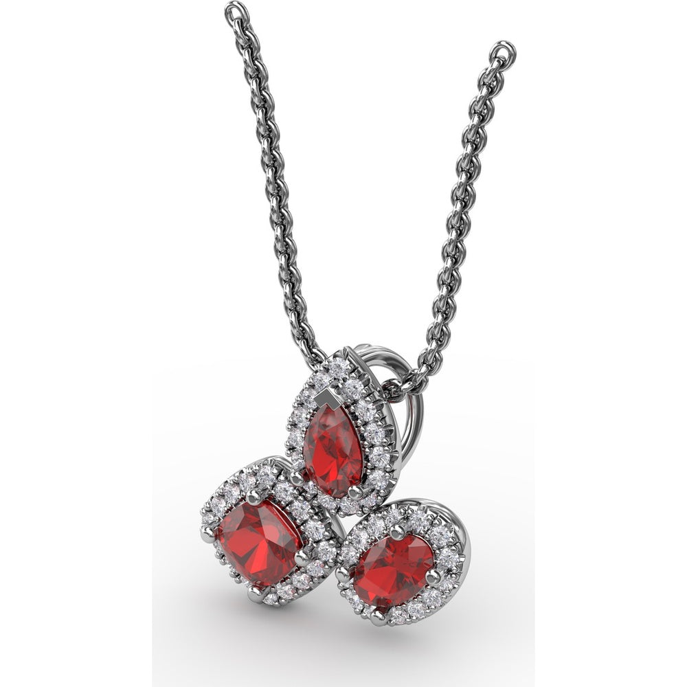 Abstract Three-Stone Ruby and Pavé Diamond Halo Pendant by Fana - 1.04 Carat Total Gemstone Weight