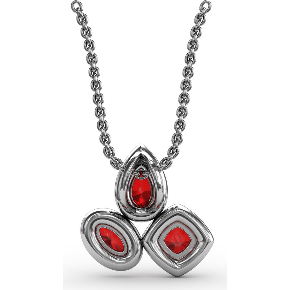 Abstract Three-Stone Ruby and Pavé Diamond Halo Pendant by Fana - 1.04 Carat Total Gemstone Weight
