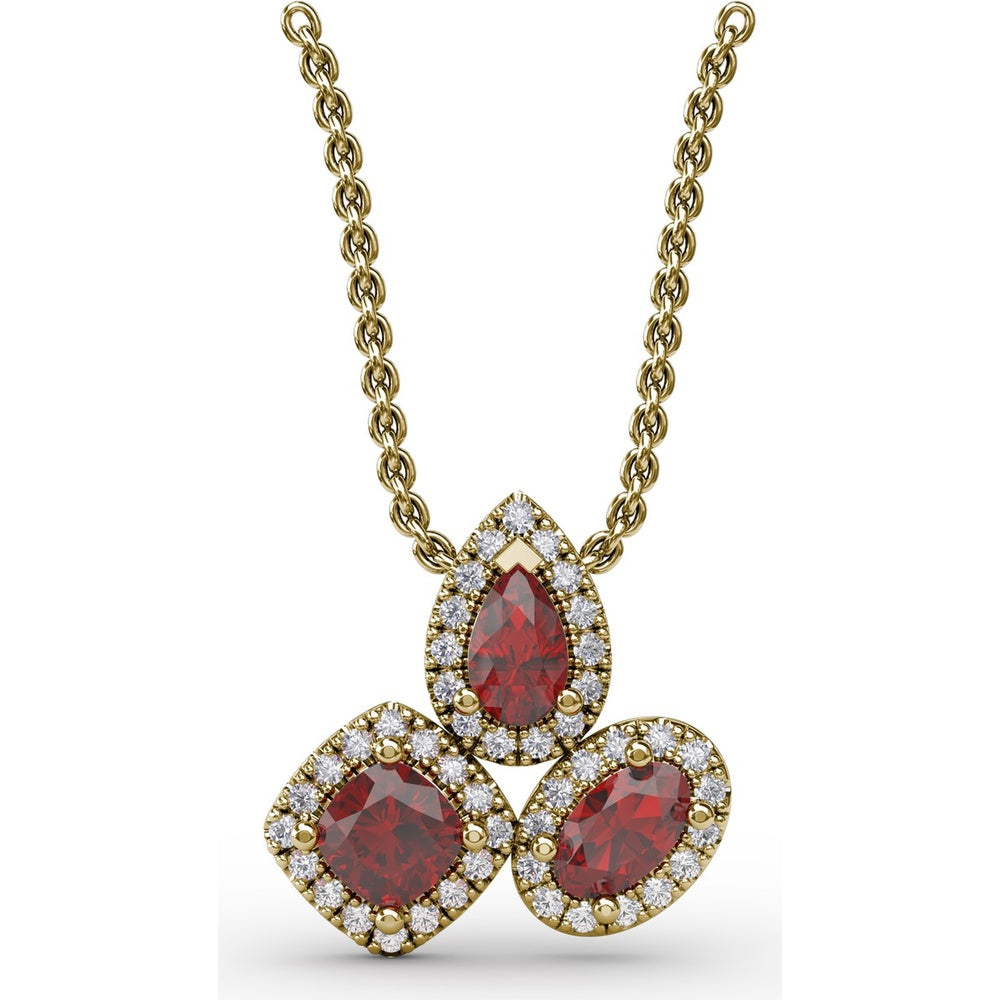 Abstract Three-Stone Ruby and Pavé Diamond Halo Pendant by Fana - 1.04 Carat Total Gemstone Weight