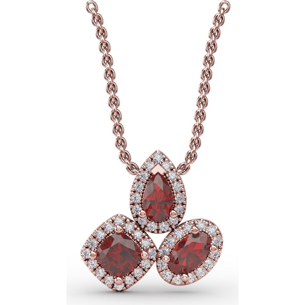 Abstract Three-Stone Ruby and Pavé Diamond Halo Pendant by Fana - 1.04 Carat Total Gemstone Weight