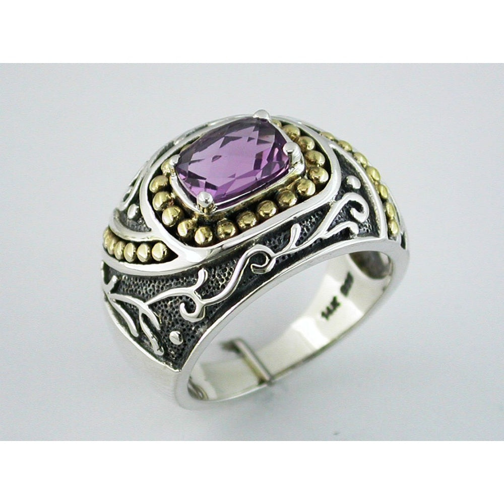 Adjustable Silver and Gold Two-Tone Ring with 1.35 Carat Checkered Board Cut Amethyst in a Vintage Halo Setting - Royal Jewelry