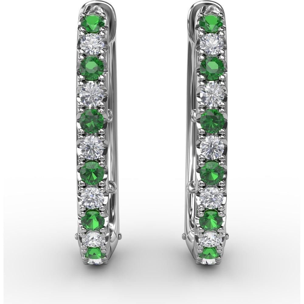 Alternating Emerald and Diamond Hoop Earrings with Shared-Prong Setting by Fana - 0.70 Carat Total Gemstone Weight