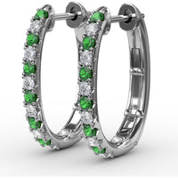 Alternating Emerald and Diamond Hoop Earrings with Shared-Prong Setting by Fana - 0.70 Carat Total Gemstone Weight