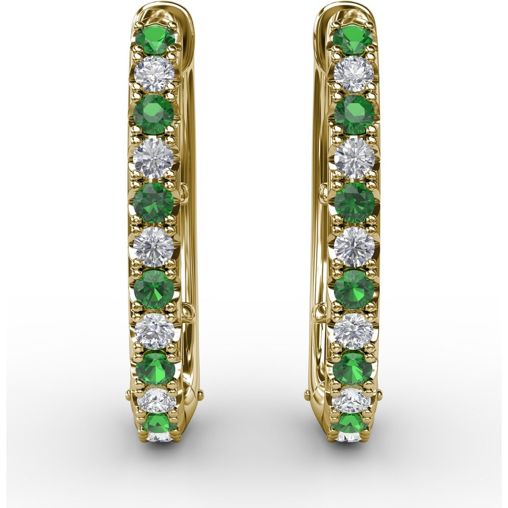 Alternating Emerald and Diamond Hoop Earrings with Shared-Prong Setting by Fana - 0.70 Carat Total Gemstone Weight