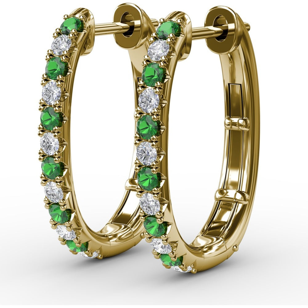 Alternating Emerald and Diamond Hoop Earrings with Shared-Prong Setting by Fana - 0.70 Carat Total Gemstone Weight