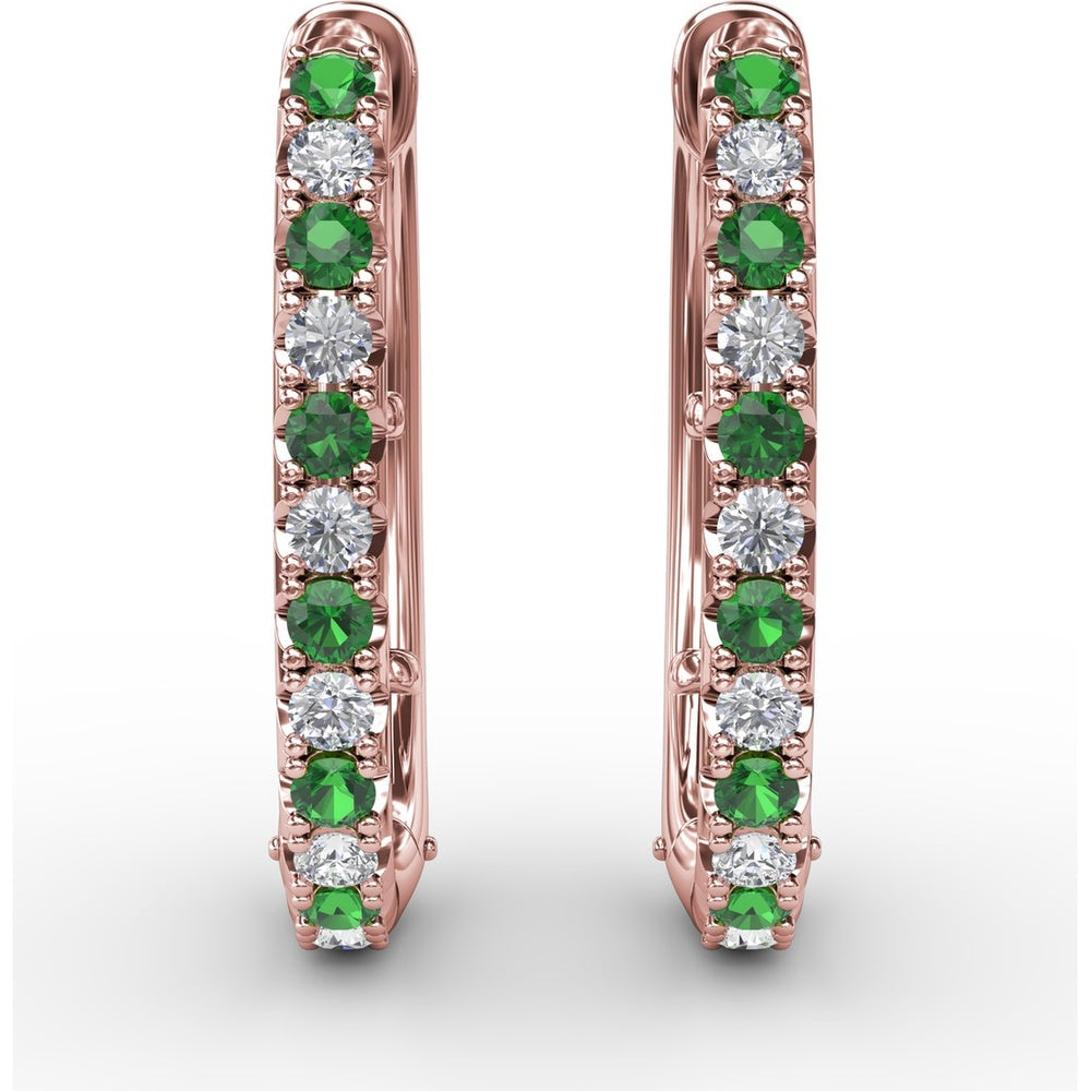 Alternating Emerald and Diamond Hoop Earrings with Shared-Prong Setting by Fana - 0.70 Carat Total Gemstone Weight
