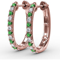 Alternating Emerald and Diamond Hoop Earrings with Shared-Prong Setting by Fana - 0.70 Carat Total Gemstone Weight